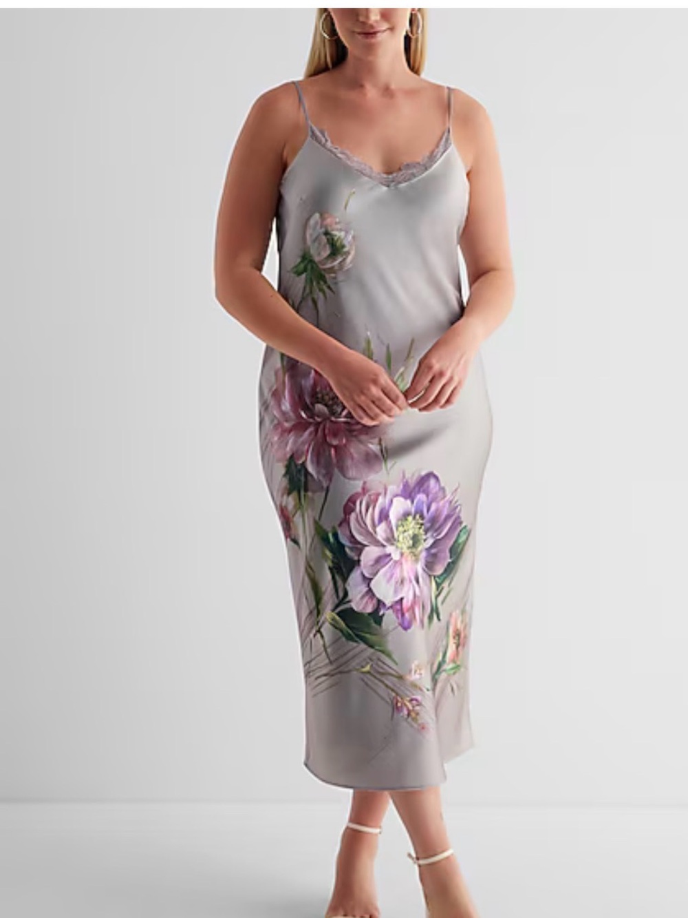 Express Light Gray Slip Dress with Purple Floral Print
